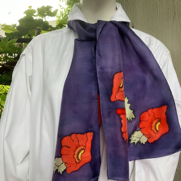 VTG 80s Silk Hand Painted Scarf Purple with Bright Flowers at Both Ends 53 X 11 - Picture 8 of 12